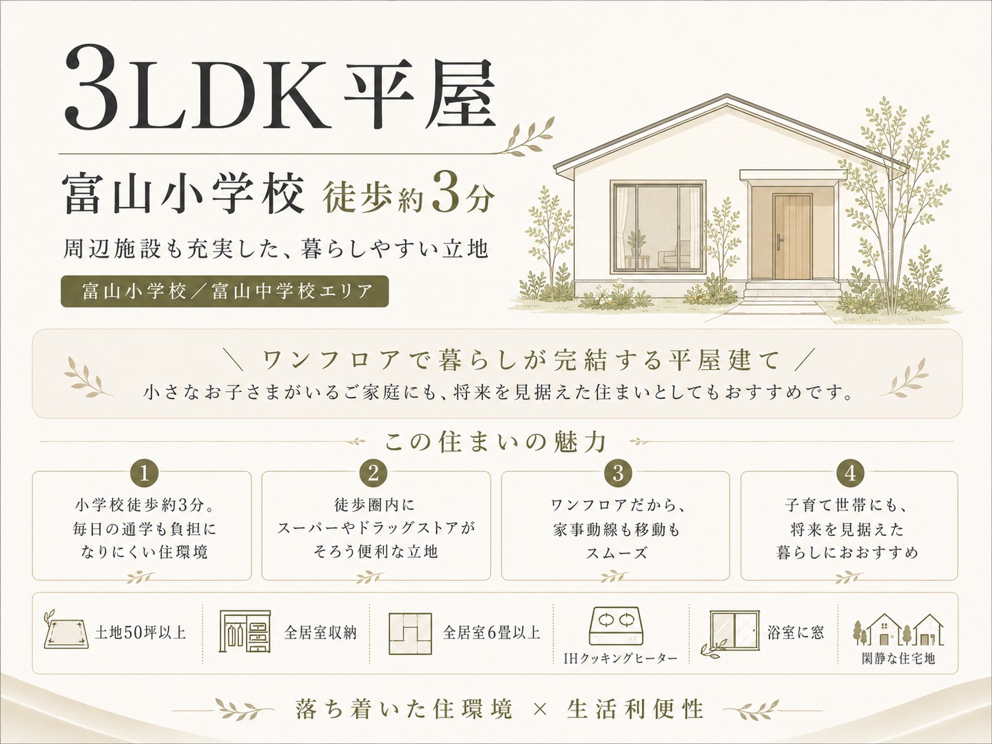 【売買】岡山市中区山崎|3LDK平屋中古戸建|富山小学校徒歩約3分・生活施設充実